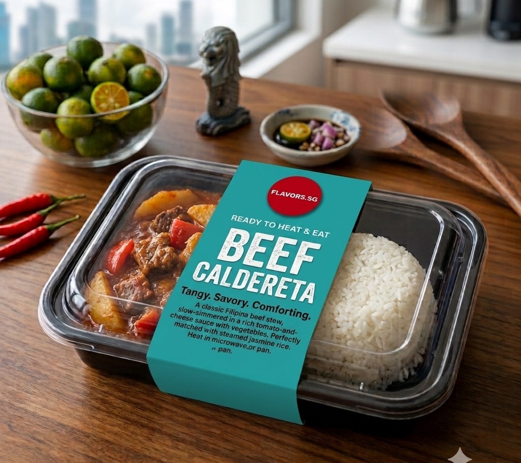 Beef Caldereta with rice, tomato-rich and slow-cooked